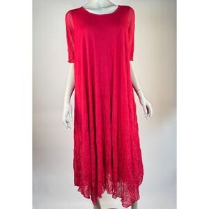 Comfy USA Crinkle Tulle A-line Dress Women L EUC Lined Lagenlook‎ Scoop Neck Red